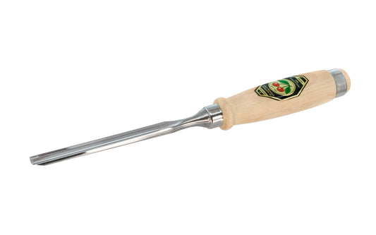 Model 1431-14MM. A 14 mm Firmer Gouge made by Two Cherries in Germany. It has an curve in the length of the blade with the cutting bevel on the outside, known as an out-cannel gouge, for use in working concave hollows. Two Cherries Series 1431. Steel Ferrule. High carbon steel, Tempered to Rc61 Rockwell. Made in Germany