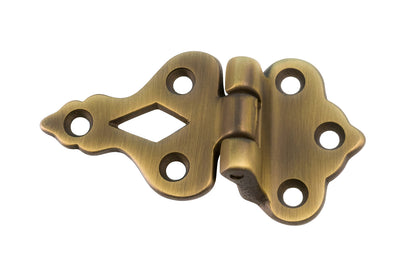Classic & traditional solid brass ice box hinge. The hinge has a fixed pin for sturdy operation, & the hinge has a 3/8" offset, which is common for many icebox cabinets. Hinges originally designed for traditional ice boxes & refrigerators. Antique Brass Finish.