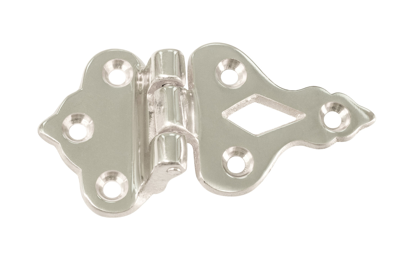 Classic & traditional solid brass ice box hinge. The hinge has a fixed pin for sturdy operation, & the hinge has a 3/8" offset, which is common for many icebox cabinets. Hinges originally designed for traditional ice boxes & refrigerators. Polished Nickel Finish.