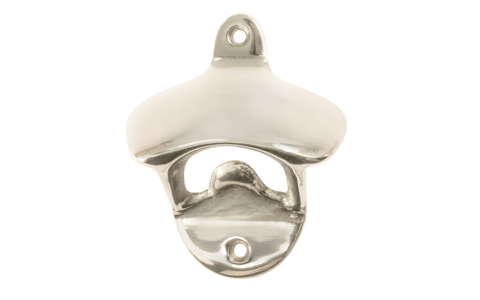 Vintage-Style Classic Solid Brass Bottle Opener. Great for kitchens, the garage, ice boxes, the boat, the grill. Old style traditional wall mount solid brass bottle opener. Reproduction hardware surface mount bottle opener. Polished Nickel Finish.