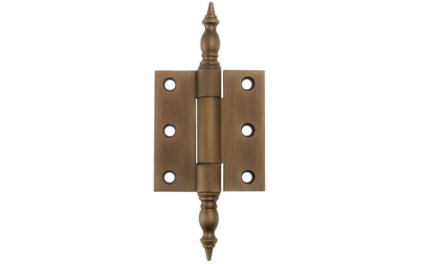Solid Brass Steeple-Tip Hinge ~ 2-1/8" x 2-1/4". High quality extruded & milled heavy gauge swaged hinge with steeple tips for cabinets, armoires, hutches, wardrobes, clock cases & cabinets with large doors. Made of solid brass material. Antique brass finish.