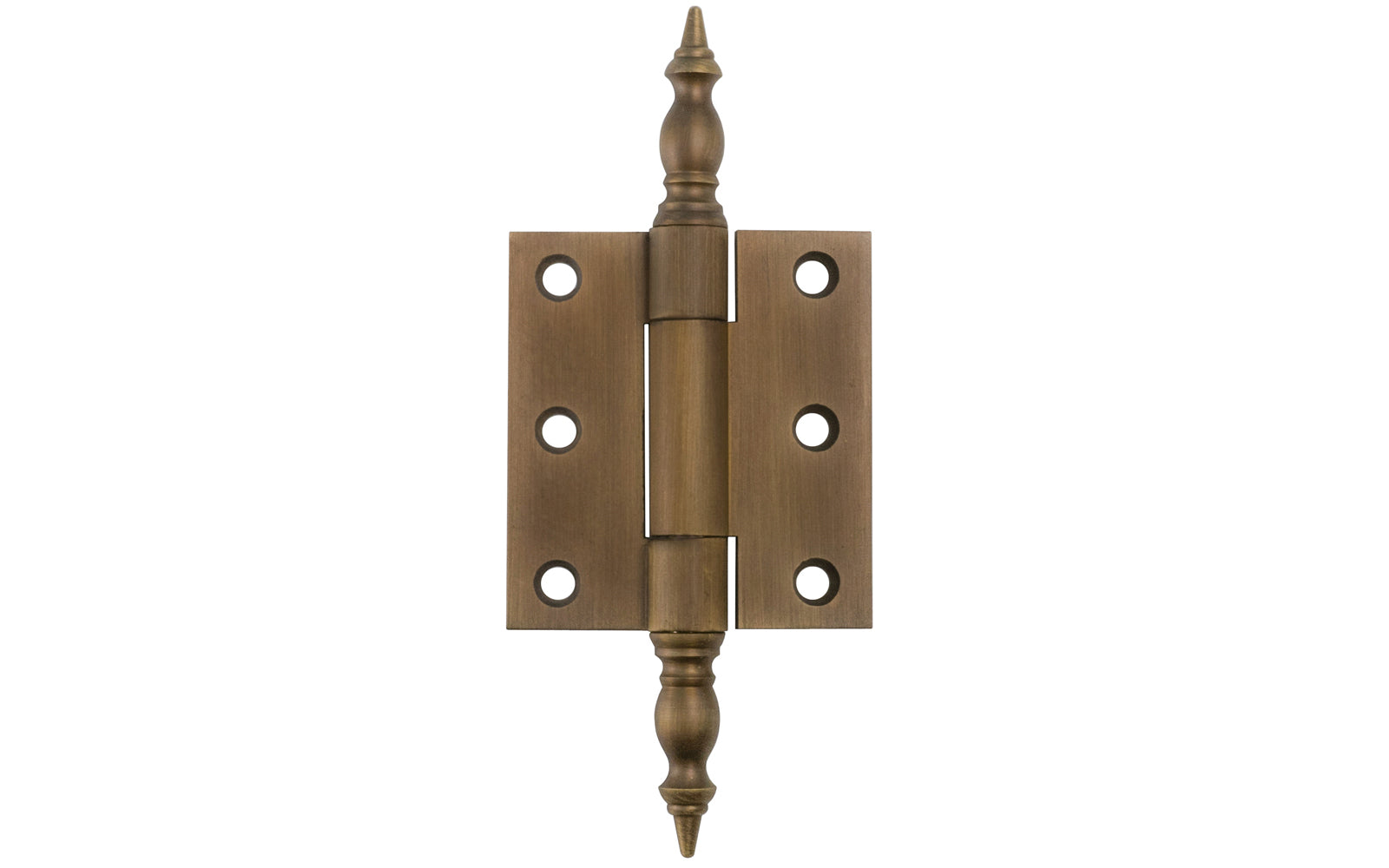 Solid Brass Steeple-Tip Hinge ~ 2-1/8" x 2-1/4". High quality extruded & milled heavy gauge swaged hinge with steeple tips for cabinets, armoires, hutches, wardrobes, clock cases & cabinets with large doors. Made of solid brass material. Antique brass finish.
