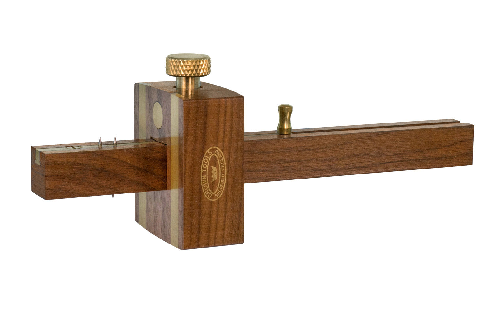 Model 153. Crown Tools Walnut Mortice & Marking Gauge. Knurled brass thumbscrew on gage. Brass inlay. Walnut wood.  Made in England.