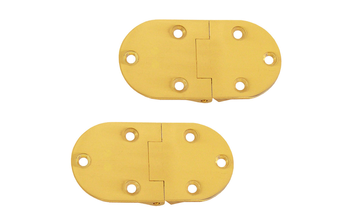 These Solid Brass Butler Tray Hinges have a flush opening, with a positive stop at 90°. High quality hinges made of solid brass material. 2-7/8" x 1-1/2" hinge size. Lacquered Brass Finish 