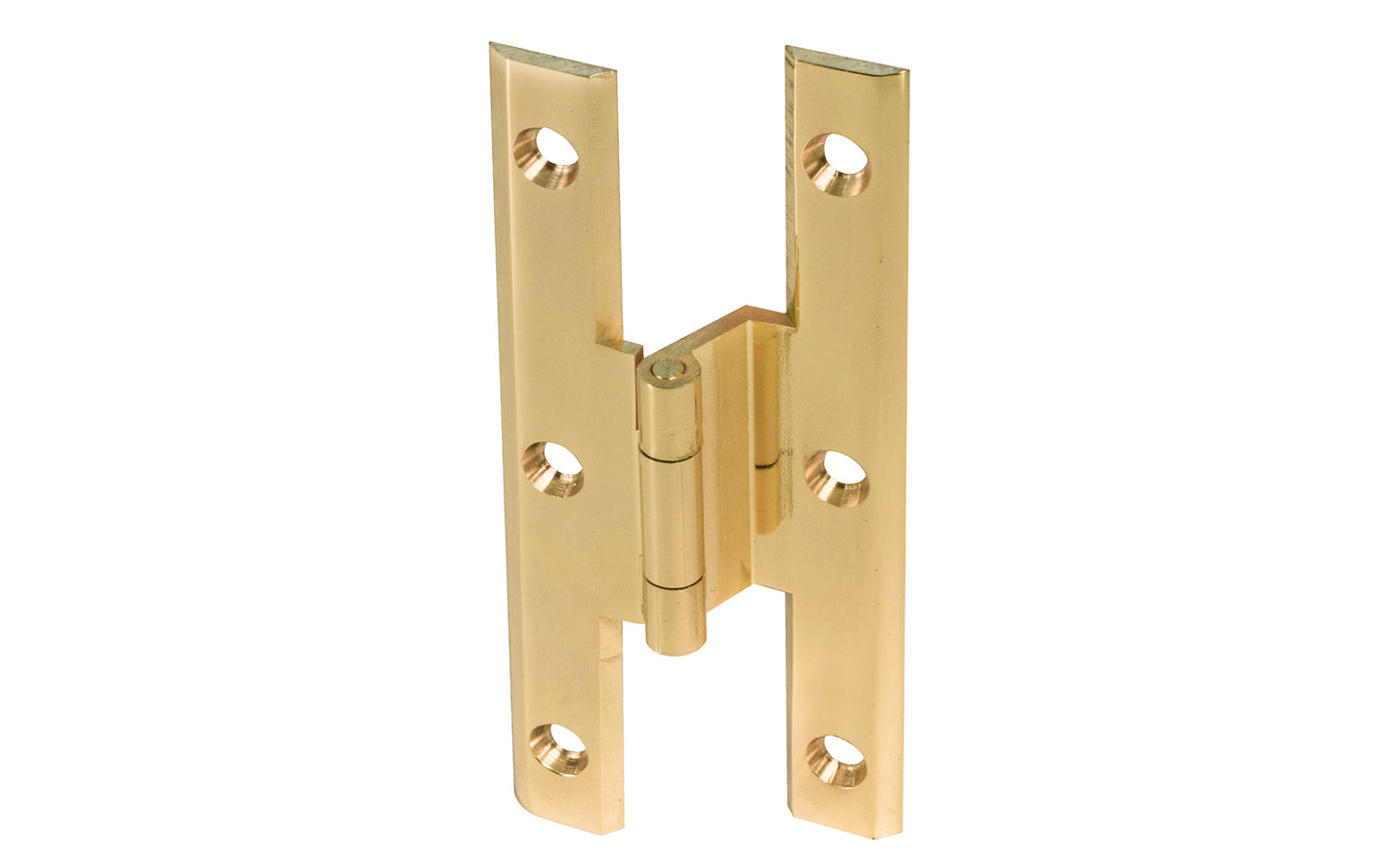High quality & classic 3/8" offset solid brass cabinet hinge in the traditional "H" style with bevelled edges. The leafs are thick & the hinge has a lacquered brass finish. Designed in the vintage "Colonial Revival" style, but suitable for modern decors. 1-1/2" high x 1-1/2" wide. H hinge for cabinets. Offset mount.