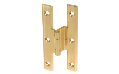 High quality & classic 3/8" offset solid brass cabinet hinge in the traditional "H" style with bevelled edges. The leafs are thick & the hinge has a lacquered brass finish. Designed in the vintage "Colonial Revival" style, but suitable for modern decors. 1-1/2" high x 1-1/2" wide. H hinge for cabinets. Offset mount.