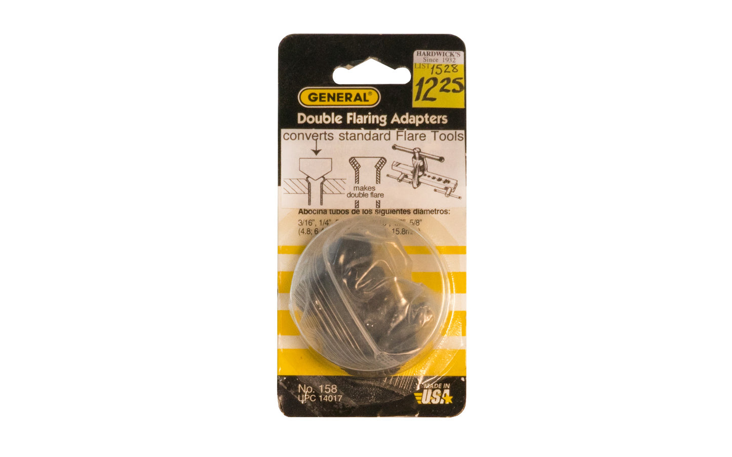 General Tools Double Flaring Adapters. Converts standard flare tools & makes a double flare. 3/16",  1/4",  5/16",  3/8",  7/16",  1/2",  5/8" sizes. Model No. 158. 038728140173.  Made in USA.