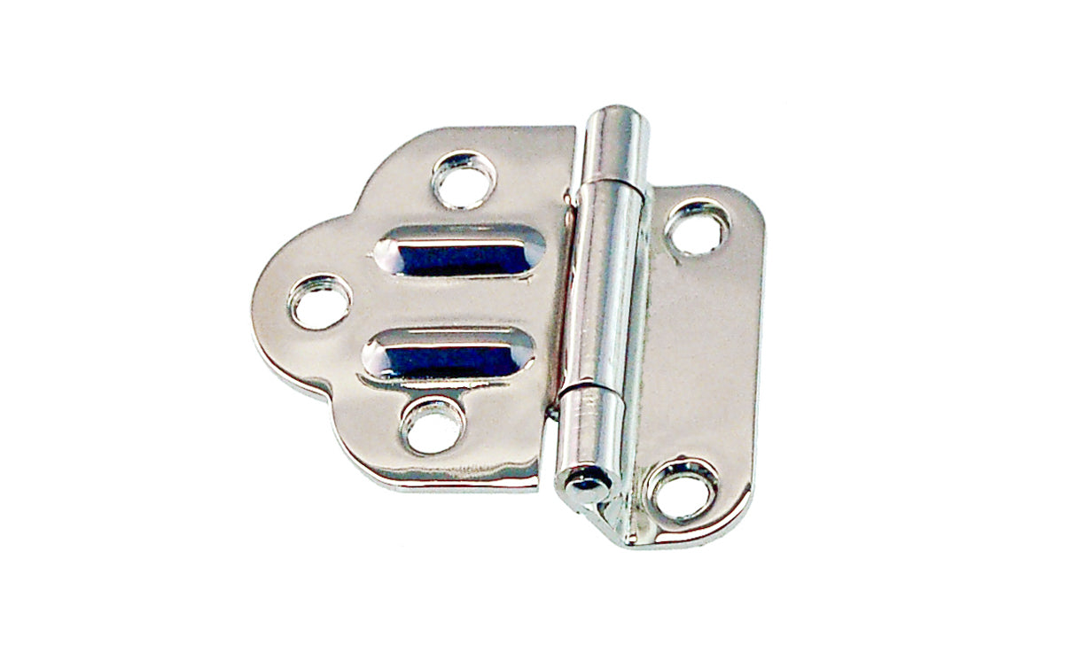 Vintage-style Hardware · Traditional & classic solid brass 3/8" Offset Hoosier cabinet hinges. Polished nickel finish ~ 1/16" leaf thickness gauge. 1-3/4" high  x  1-7/8" wide. The Hoosier, Sellers, McDougall, Napanee, Wilson, Boone cabinet hinges. Made of solid brass material.