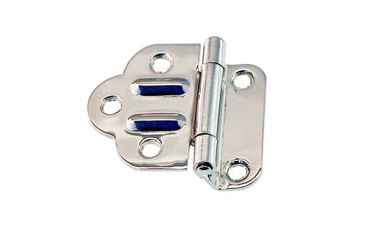 Vintage-style Hardware · Traditional & classic solid brass 3/8" Offset Hoosier cabinet hinges. Polished nickel finish ~ 1/16" leaf thickness gauge. 1-3/4" high  x  1-7/8" wide. The Hoosier, Sellers, McDougall, Napanee, Wilson, Boone cabinet hinges. Made of solid brass material.