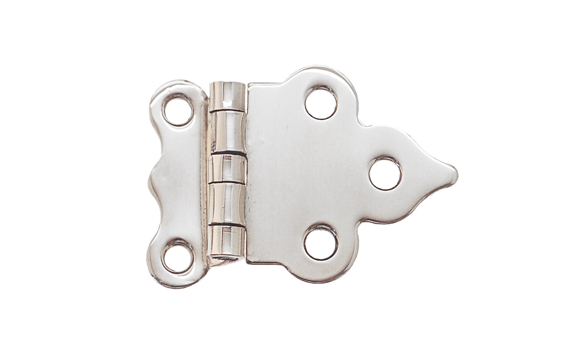 Vintage-style Hardware · Traditional & classic solid brass 3/8" offset Hoosier cabinet hinge. Polished nickel finish ~ 1/16" leaf thickness gauge. 1-1/2" high  x  2-1/2" wide overall hinge. Made of solid brass material. Hoosier, Sellers, McDougall, Napanee, Wilson, Boone