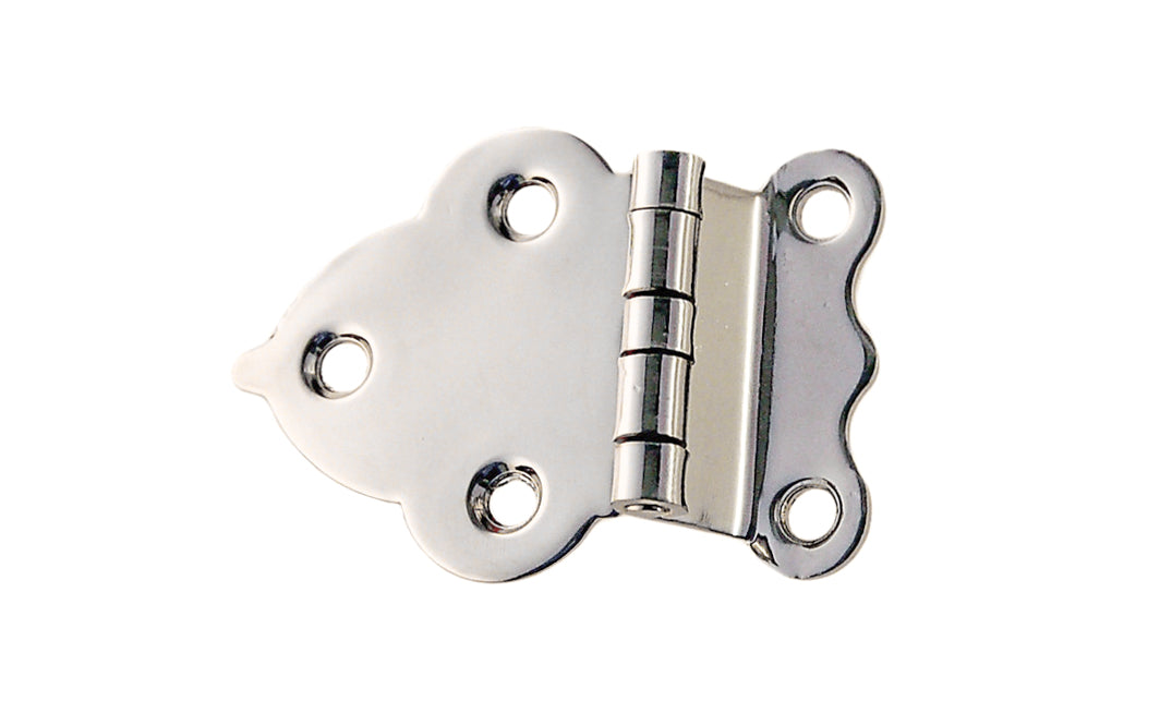 Vintage-style Hardware · Traditional & classic solid brass 3/8" offset Hoosier cabinet hinge. Polished Nickel finish ~ 1/16" leaf thickness gauge. 1-5/8" high x 2-1/4" wide overall hinge. Made of solid brass material. Hoosier, Sellers, McDougall, Napanee, Wilson, Boone