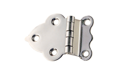 Vintage-style Hardware · Traditional & classic solid brass 3/8" offset Hoosier cabinet hinge. Polished Nickel finish ~ 1/16" leaf thickness gauge. 1-5/8" high x 2-1/4" wide overall hinge. Made of solid brass material. Hoosier, Sellers, McDougall, Napanee, Wilson, Boone