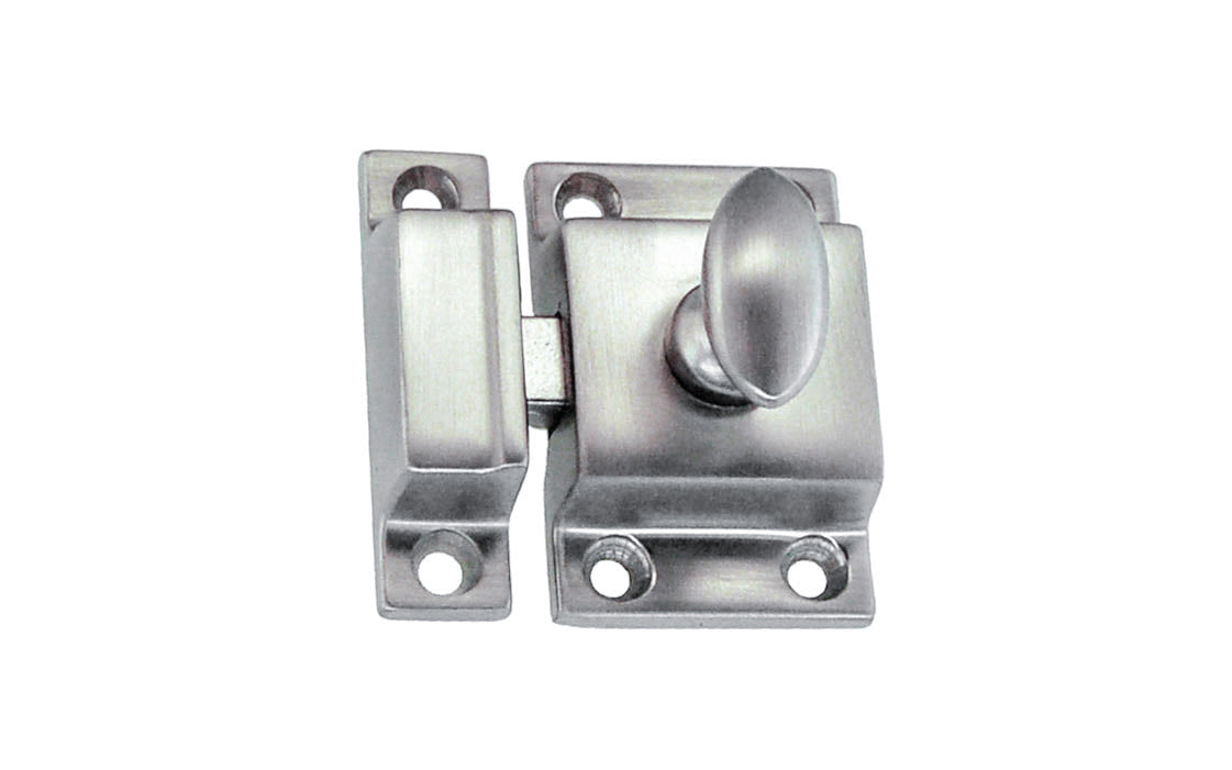 Vintage-style Hardware · Traditional & Solid Brass Cupboard Cabinet Latch ~ Small Size. 1-3/4" high x 1-1/8" wide. Made of solid brass material ~ Durable & strong spring loaded mechanism ~ Excellent for kitchens, cabinets, furniture, cupboards, bathrooms. Brushed Chrome Finish. Authentic reproduction hardware