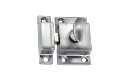 Vintage-style Hardware · Traditional & Solid Brass Cupboard Cabinet Latch ~ Small Size. 1-3/4" high x 1-1/8" wide. Made of solid brass material ~ Durable & strong spring loaded mechanism ~ Excellent for kitchens, cabinets, furniture, cupboards, bathrooms. Brushed Chrome Finish. Authentic reproduction hardware