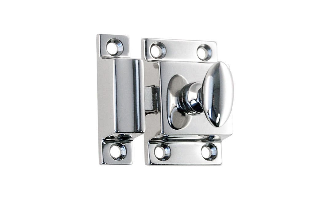 Vintage-style Hardware · Traditional & Solid Brass Cupboard Cabinet Latch ~ Small Size. 1-3/4" high x 1-1/8" wide. Made of solid brass material ~ Durable & strong spring loaded mechanism ~ Excellent for kitchens, cabinets, furniture, cupboards, bathrooms. Polished Chrome Finish. Authentic reproduction hardware