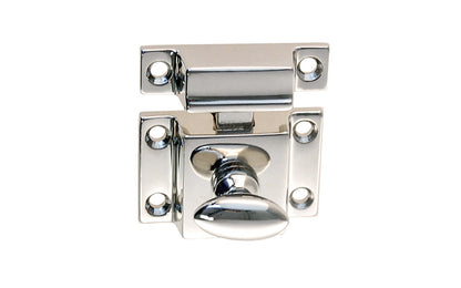 Vintage-style Hardware · Traditional & Solid Brass Cupboard Cabinet Latch ~ Small Size. 1-3/4" high x 1-1/8" wide. Made of solid brass material ~ Durable & strong spring loaded mechanism ~ Excellent for kitchens, cabinets, furniture, cupboards, bathrooms. Polished Nickel Finish. Authentic reproduction hardware