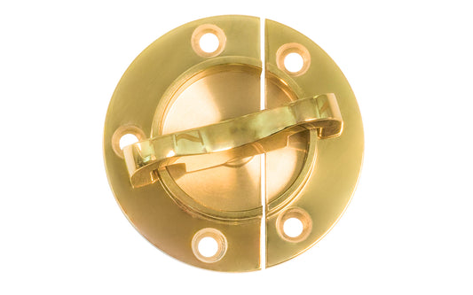 Solid Brass 2" Diameter Turn-Catch. Unlacquered brass. Surface-mount catch & turn that is good for flush cabinet doors, & doors that swing in & out. Other uses include for use as a table catch, cabinets, cupboards, chests, ice boxes, hatches, lids, panels, & also can be used on boats & boat cabinets as well.