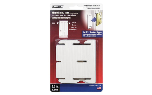 EZ-Shim 3-1/2" Plastic Hinge Shims. Use when you need to quickly align a door in the jam. There are 3 shims per leaf. Each shim can fold together for 1/16", 1/8" or 3/16" of a door adjustment. Made of high-impact plastic & will not compress.  Made in USA. 795918035007