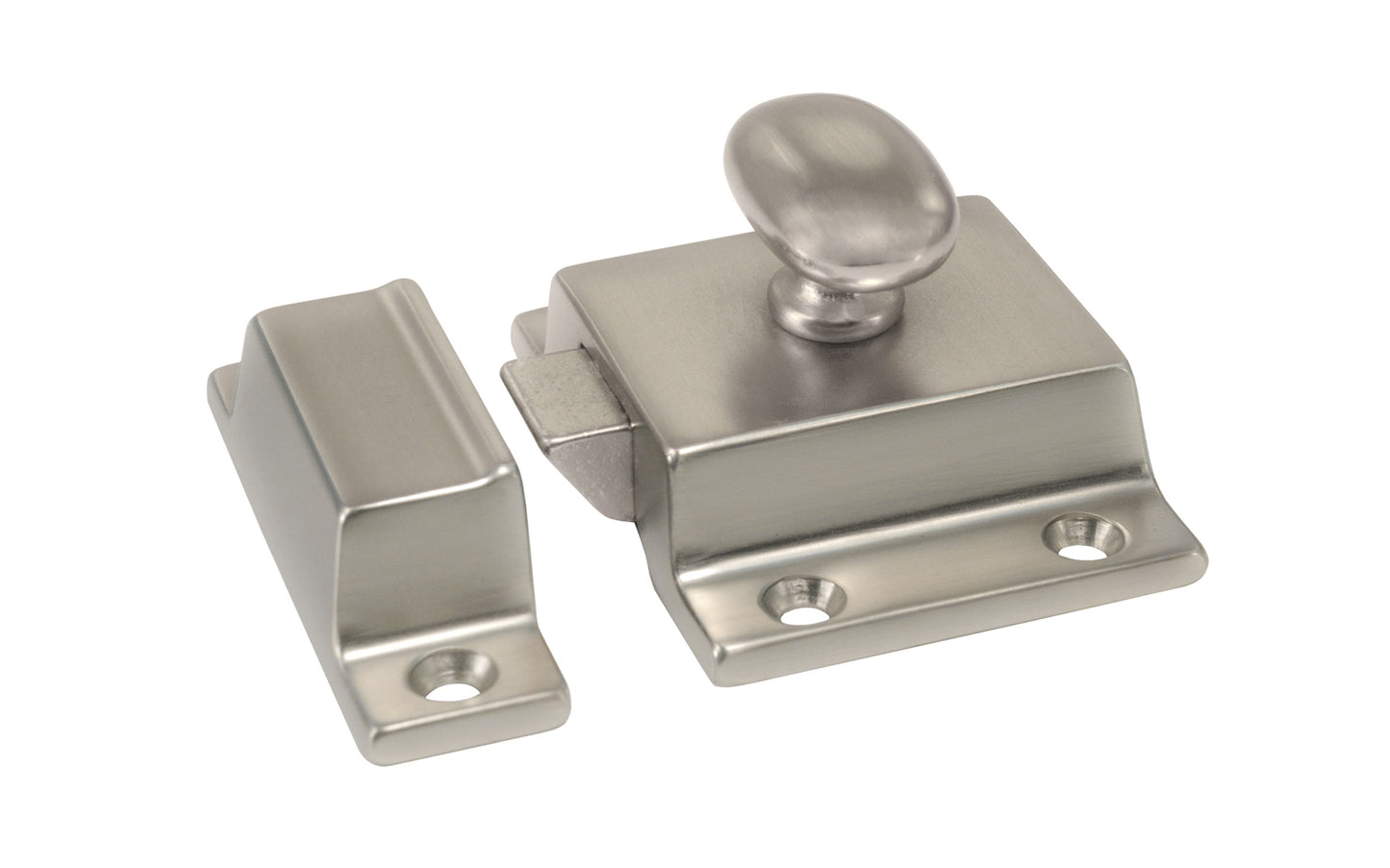 Vintage-style Hardware · Traditional & Solid Brass Cupboard Cabinet Latch ~ Large Size. 2-1/8" high x 1-5/8" wide. Made of solid brass material ~ Durable & strong spring loaded mechanism ~ Excellent for kitchens, cabinets, furniture, cupboards, bathrooms. Authentic reproduction hardware. Brushed Nickel Finish