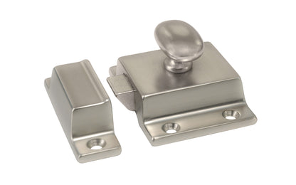 Vintage-style Hardware · Traditional & Solid Brass Cupboard Cabinet Latch ~ Large Size. 2-1/8" high x 1-5/8" wide. Made of solid brass material ~ Durable & strong spring loaded mechanism ~ Excellent for kitchens, cabinets, furniture, cupboards, bathrooms. Authentic reproduction hardware. Brushed Nickel Finish