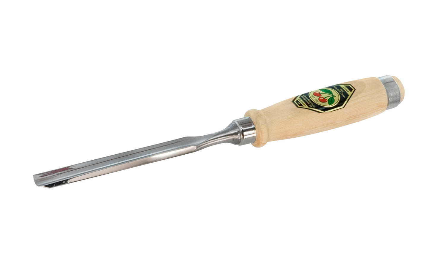 Model 1431-16MM. A 16 mm Firmer Gouge made by Two Cherries in Germany. It has an curve in the length of the blade with the cutting bevel on the outside, known as an out-cannel gouge, for use in working concave hollows. Two Cherries Series 1431. Steel Ferrule. High carbon steel, Tempered to Rc61 Rockwell. Made in Germany