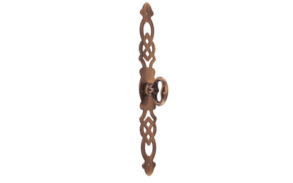 Solid Brass Cabinet Door Pull with 6-3/4" Backplate designed in the Chippendale Style. Designed for China cabinets, large cabinets, wardrobes, drop fronts, entertainment centers, etc. Antique brass finish. Cast brass key bow is 1-1/8" high, projects 1-1/16"