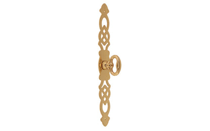 Solid Brass Cabinet Door Pull with 6-3/4" Backplate designed in the Chippendale Style. Designed for China cabinets, large cabinets, wardrobes, drop fronts, entertainment centers, etc. Lacquered brass finish. Cast brass key bow is 1-1/8" high, projects 1-1/16"