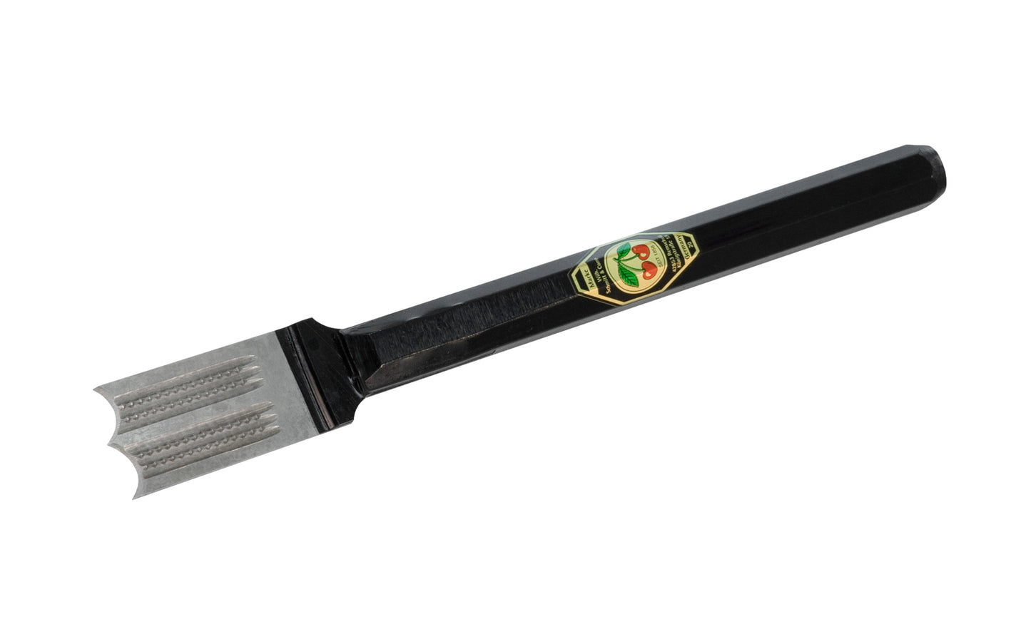 A Plugging Chisel with Notched Face made by Two Cherries in Germany. 1.5 mm Thickness. 27 mm Width.  Made in Germany. Made of quality high carbon steel - Tempered to Rc61 Rockwell