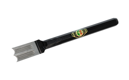 A Plugging Chisel with Notched Face made by Two Cherries in Germany. 1.5 mm Thickness. 27 mm Width.  Made in Germany. Made of quality high carbon steel - Tempered to Rc61 Rockwell