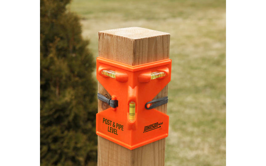Model No. 175-O ~ Durable molded body - Rugged acrylic vials read plumb & level simultaneously - Reflective backing increases vial visibility - Rubber strap allows hands free use quickly attaches to any post, pole or stringer. Durable molded body. 049448175123. Johnson Level Post & Pipe Level - Orange color