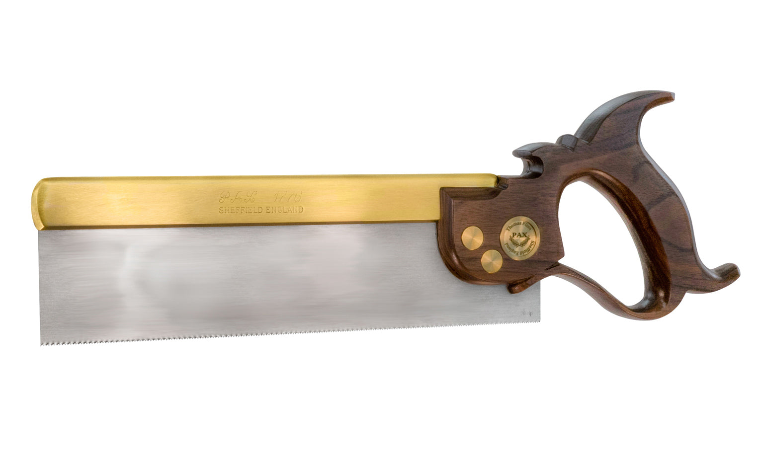 Pax 1776 10" Dovetail Saw - Rip Tooth. The "Pax 1776 Dovetail Saw" is Thomas Flinn’s finest saw. A high quality 10" dovetail saw with a rip tooth pattern. Made with a heavily folded brass back roll marked with “Pax 1776 Sheffield England”. Model No. P1776CH10DR