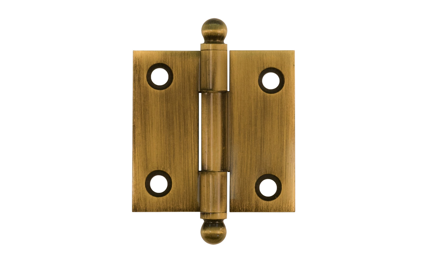 Classic Solid Brass Ball-Tip Cabinet Hinge ~ 1-1/2" x 1-1/2". Full mortise extruded hinges. 3/32" heavy duty leaf thickness gauge. Non-removable fixed hinge pin with ball tips. High quality thick cabinet hinge with ball tips. Light antique brass finish.
