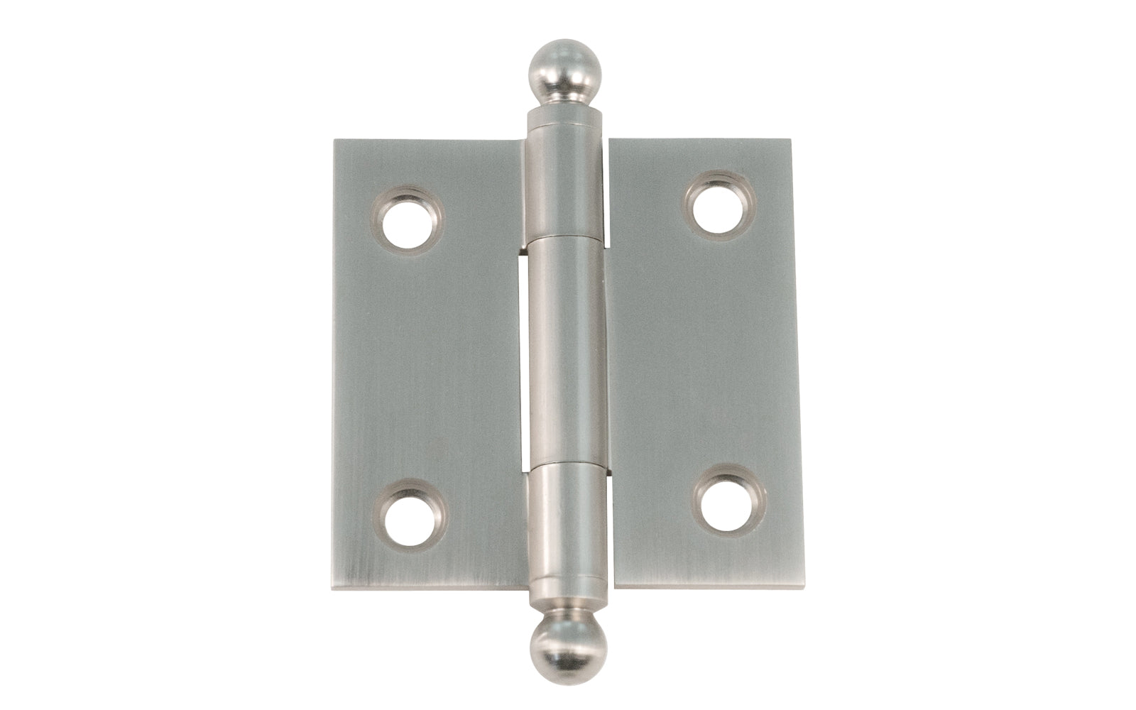 Classic Solid Brass Ball-Tip Cabinet Hinge ~ 1-1/2" x 1-1/2". Full mortise extruded hinges. 3/32" heavy duty leaf thickness gauge. Non-removable fixed hinge pin with ball tips. High quality thick cabinet hinge with ball tips. Brushed nickel finish.