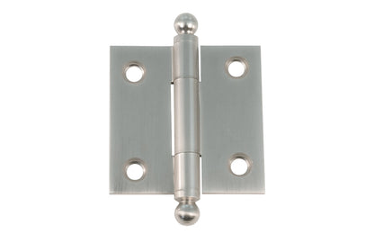 Classic Solid Brass Ball-Tip Cabinet Hinge ~ 1-1/2" x 1-1/2". Full mortise extruded hinges. 3/32" heavy duty leaf thickness gauge. Non-removable fixed hinge pin with ball tips. High quality thick cabinet hinge with ball tips. Brushed nickel finish.