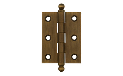 Classic Solid Brass Ball-Tip Cabinet Hinge ~ 2" x 1-1/2". Full mortise extruded hinges. 3/32" heavy duty leaf thickness gauge. Non-removable fixed hinge pin with ball tips. High quality thick cabinet hinge with ball tips. Antique Brass finish.