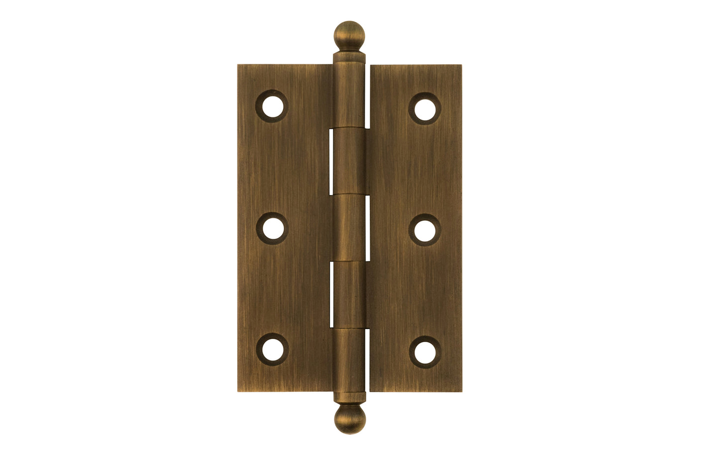 Classic Solid Brass Ball-Tip Cabinet Hinge ~ 2-1/2" x 1-3/4". Full mortise extruded hinges. 3/32" heavy duty leaf thickness gauge. Non-removable fixed hinge pin with ball tips. High quality thick cabinet hinge with ball tips. Antique Brass Finish.