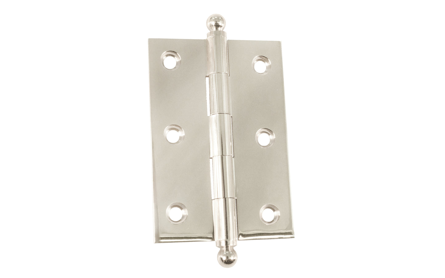 Classic Solid Brass Ball-Tip Cabinet Hinge ~ 2-1/2" x 1-3/4". Full mortise extruded hinges. 3/32" heavy duty leaf thickness gauge. Non-removable fixed hinge pin with ball tips. High quality thick cabinet hinge with ball tips. Polished Nickel finish.