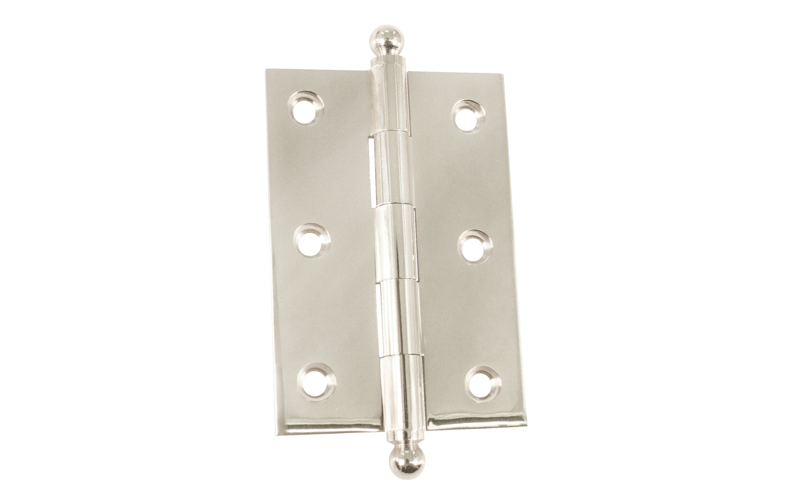 Classic Solid Brass Ball-Tip Cabinet Hinge ~ 2-1/2" x 1-3/4". Full mortise extruded hinges. 3/32" heavy duty leaf thickness gauge. Non-removable fixed hinge pin with ball tips. High quality thick cabinet hinge with ball tips. Polished Nickel finish.
