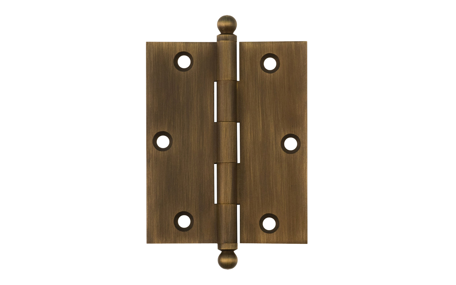 Classic Solid Brass Ball-Tip Cabinet Hinge ~ 2-1/2" x 2". Full mortise extruded hinges. 3/32" heavy duty leaf thickness gauge. Non-removable fixed hinge pin with ball tips. High quality thick cabinet hinge with ball tips. Antique Brass finish.