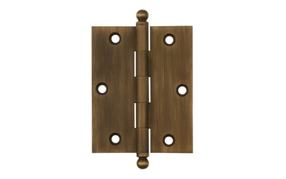 Classic Solid Brass Ball-Tip Cabinet Hinge ~ 2-1/2" x 2". Full mortise extruded hinges. 3/32" heavy duty leaf thickness gauge. Non-removable fixed hinge pin with ball tips. High quality thick cabinet hinge with ball tips. Antique Brass finish.