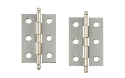 Traditional & classic ball-tip steel cabinet hinges with loose pins. Removable hinge pins which makes for easy installation when working with cabinets. 2" high x 1-3/8" wide. Sold as a pair of hinges. Brushed Nickel finish.