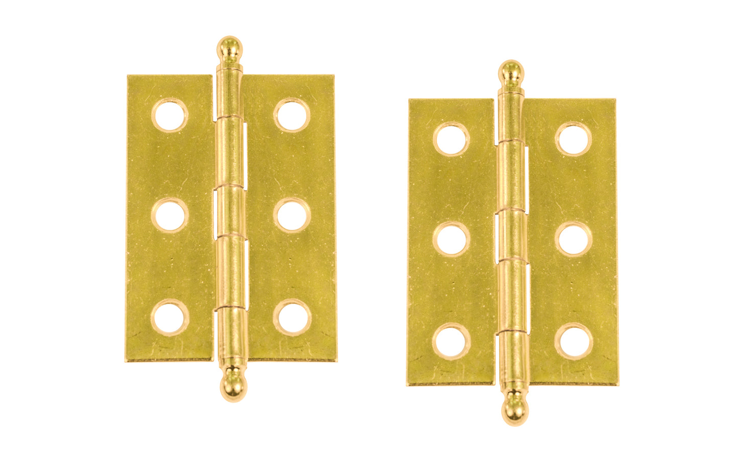 Traditional & classic ball-tip steel cabinet hinges with loose pins. Removable hinge pins which makes for easy installation when working with cabinets. 2" high x 1-3/8" wide. Sold as a pair of hinges. Brass Plated finish.