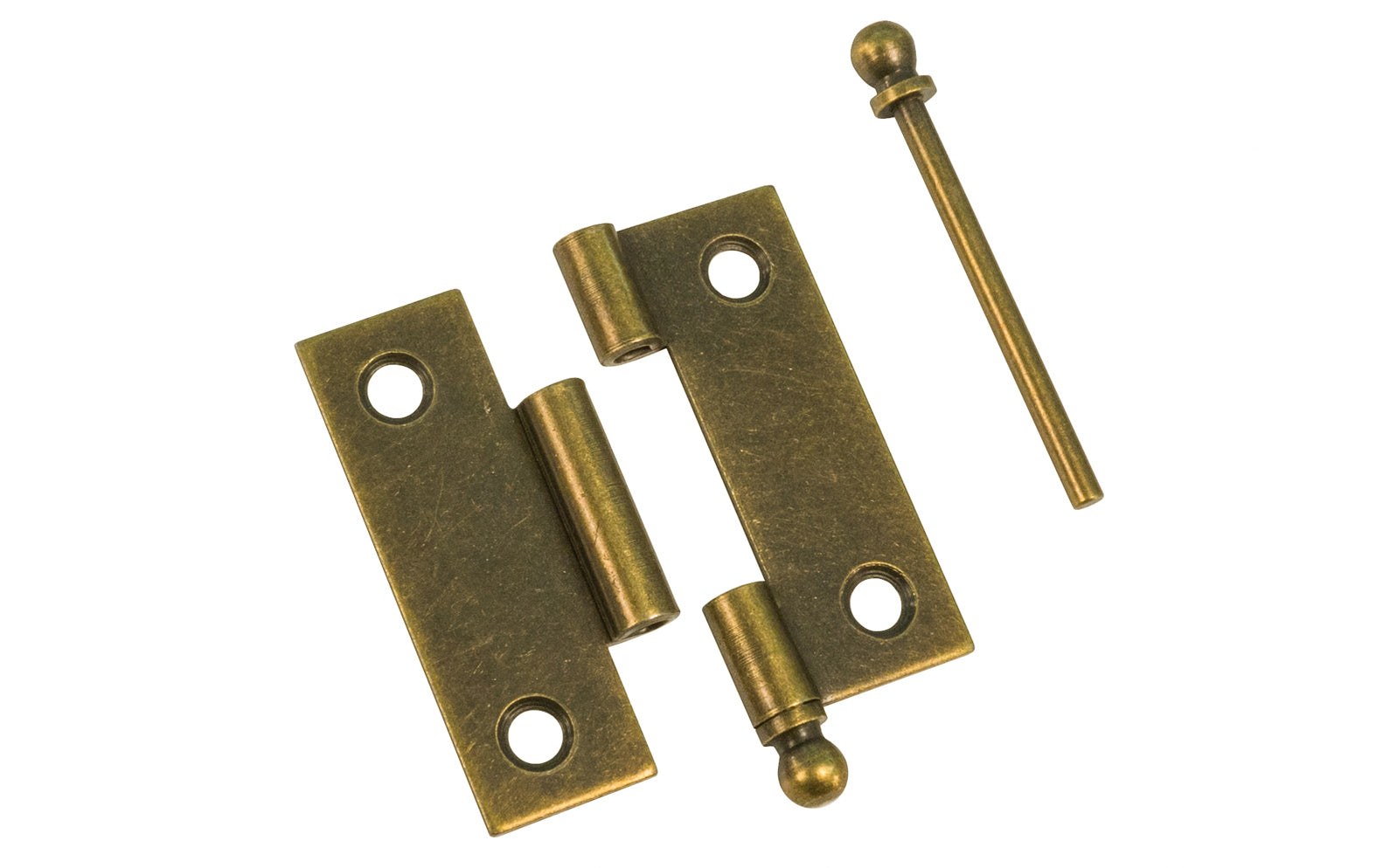 Traditional & classic ball-tip steel cabinet hinges with loose pins. Removable hinge pins makes for easy installation when working with cabinets. 1-15/16" high x 1-5/8" wide. Sold as a pair of hinges. Antique Brass Finish.