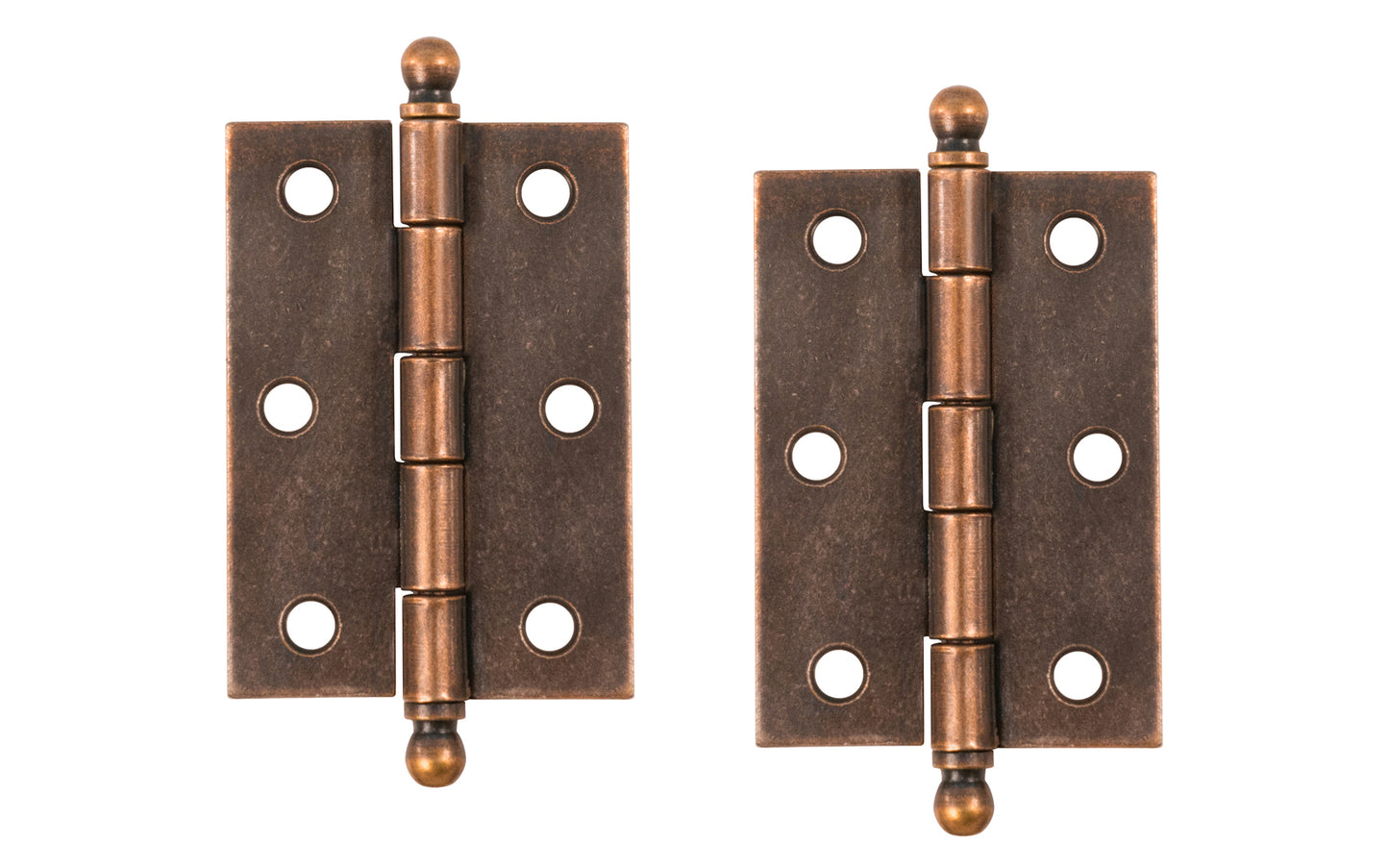 Traditional & classic ball-tip steel cabinet hinges with loose pins. Removable hinge pins which makes for easy installation when working with cabinets. 2-7/16" high x 1-3/4" wide. Sold as a pair. Antique Copper Finish.