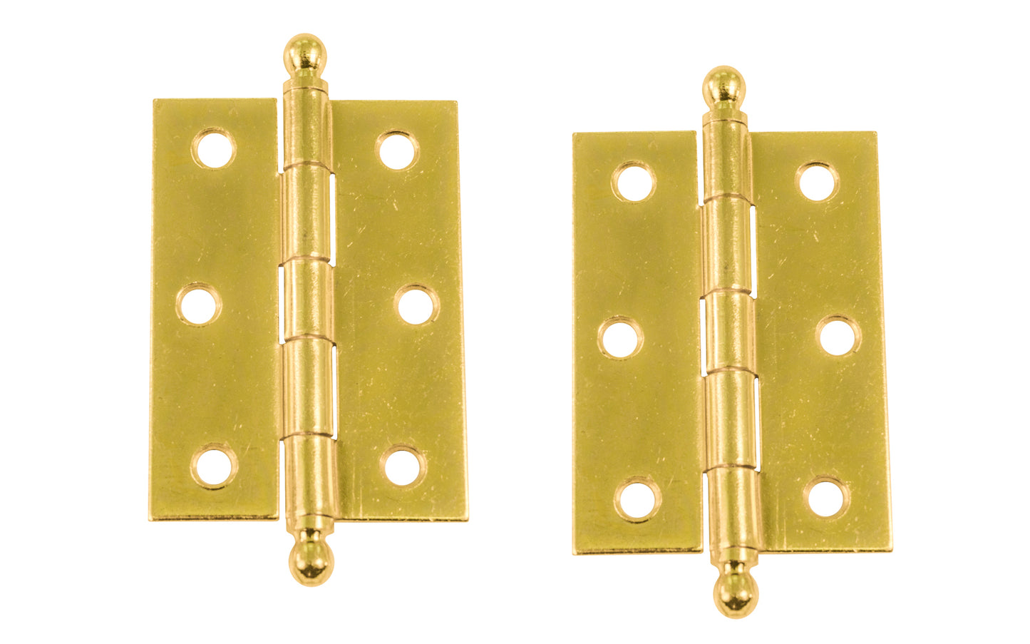Traditional & classic ball-tip steel cabinet hinges with loose pins. Removable hinge pins which makes for easy installation when working with cabinets. 2-7/16" high x 1-3/4" wide. Sold as a pair. Brass Plated Finish.