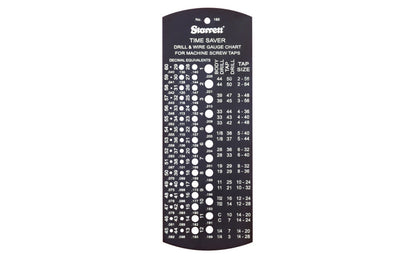 Starrett 185 Time Saver and Drill Gage provides correct sizing of a tap drill for any commonly sized machine screw tap in NF National Fine or NC National Coarse Thread Series. Nos. 1 to 60 and .228 to .040".   Made in USA.