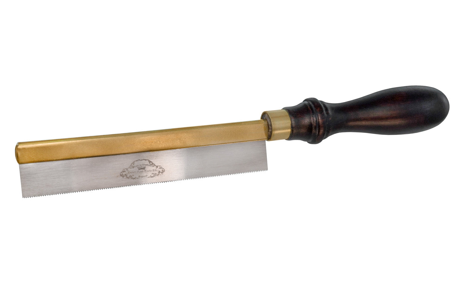 This "Model Makers Saw" is a high quality saw made by Crown Tools in England. It's a small dovetail back saw with 17 TPI with a narrow kerf for fine joints & dovetails, model making, etc. 6" (152 mm) blade length. Blade is made of high quality carbon steel. Brass backing. Model No. 187JSW. Made in Sheffield, England. 