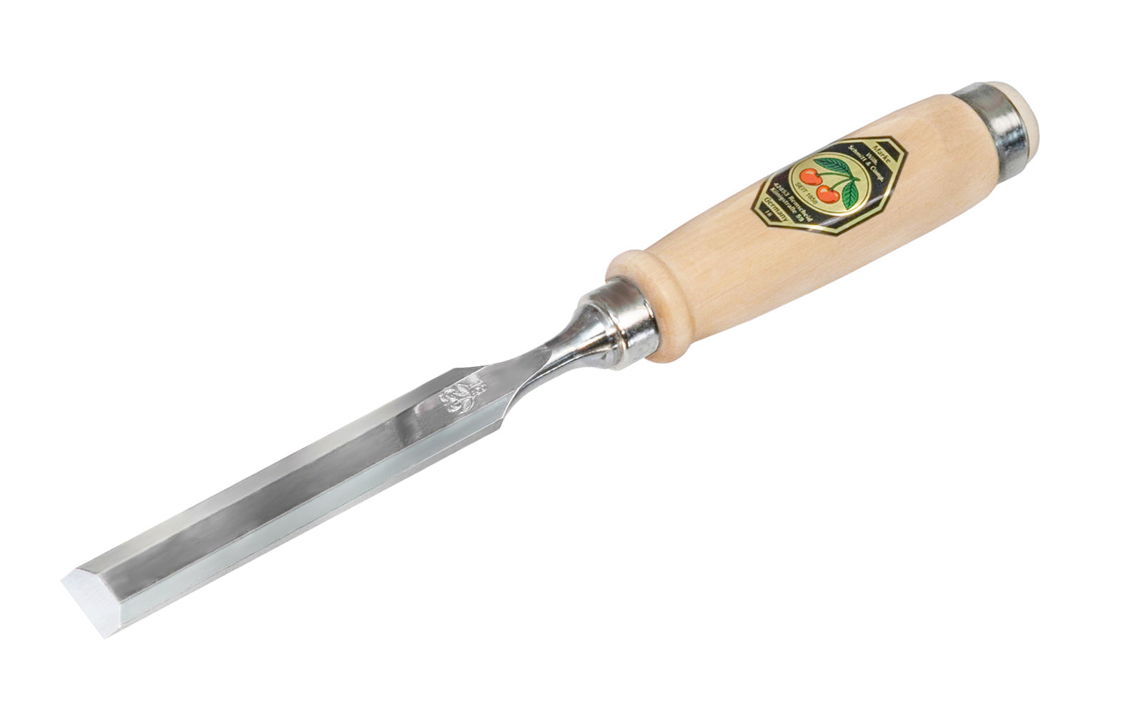 Made in Germany ~ Two Cherries · 1001 series ~ high carbon steel ~ Tempered to Rc61 Rockwell ~ Varnished flat Hornbeam handle - Stechbeitel - Firmer Chisel - short length, light pattern, bevelled edges, Flat hornbeam handle - bevel edge - steel ferrule ~ Use with mallets - 18 mm - 18MM Wide - 4016649101400 - 1001/018