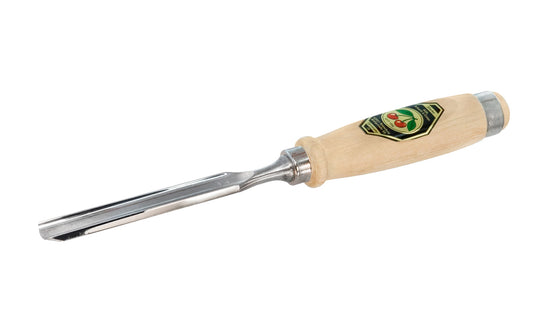 Model 1431-18MM. A 18 mm Firmer Gouge made by Two Cherries in Germany. It has an curve in the length of the blade with the cutting bevel on the outside, known as an out-cannel gouge, for use in working concave hollows. Two Cherries Series 1431. Steel Ferrule. High carbon steel, Tempered to Rc61 Rockwell. Made in Germany