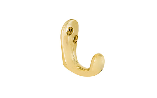 Small vintage-style unlacquered brass wardrobe hook. Great for kitchens, bathrooms, hallways, furniture, cabinets, bedrooms. Made of solid brass material, the hook is durable for clothing, towels, bags. Non-lacquered brass (will patina over time). Timeless classic hook. Early 20th century to Modern style interiors. 1-3/8" Projection